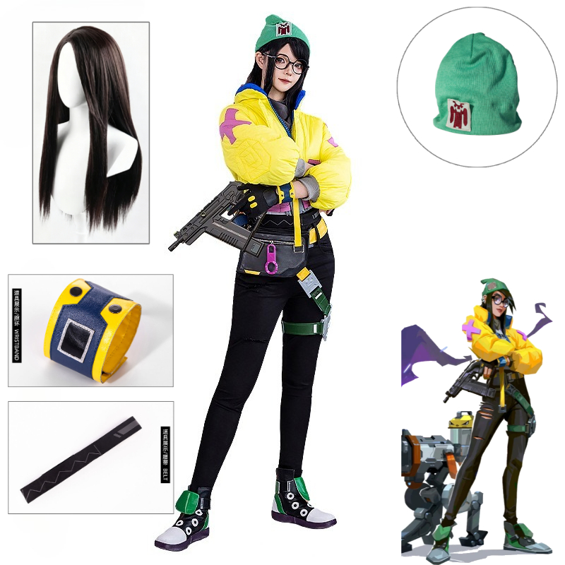 Anime Cosplay Glasses - Valorant Killjoy Cosplay-kostuum Volledige set Geel